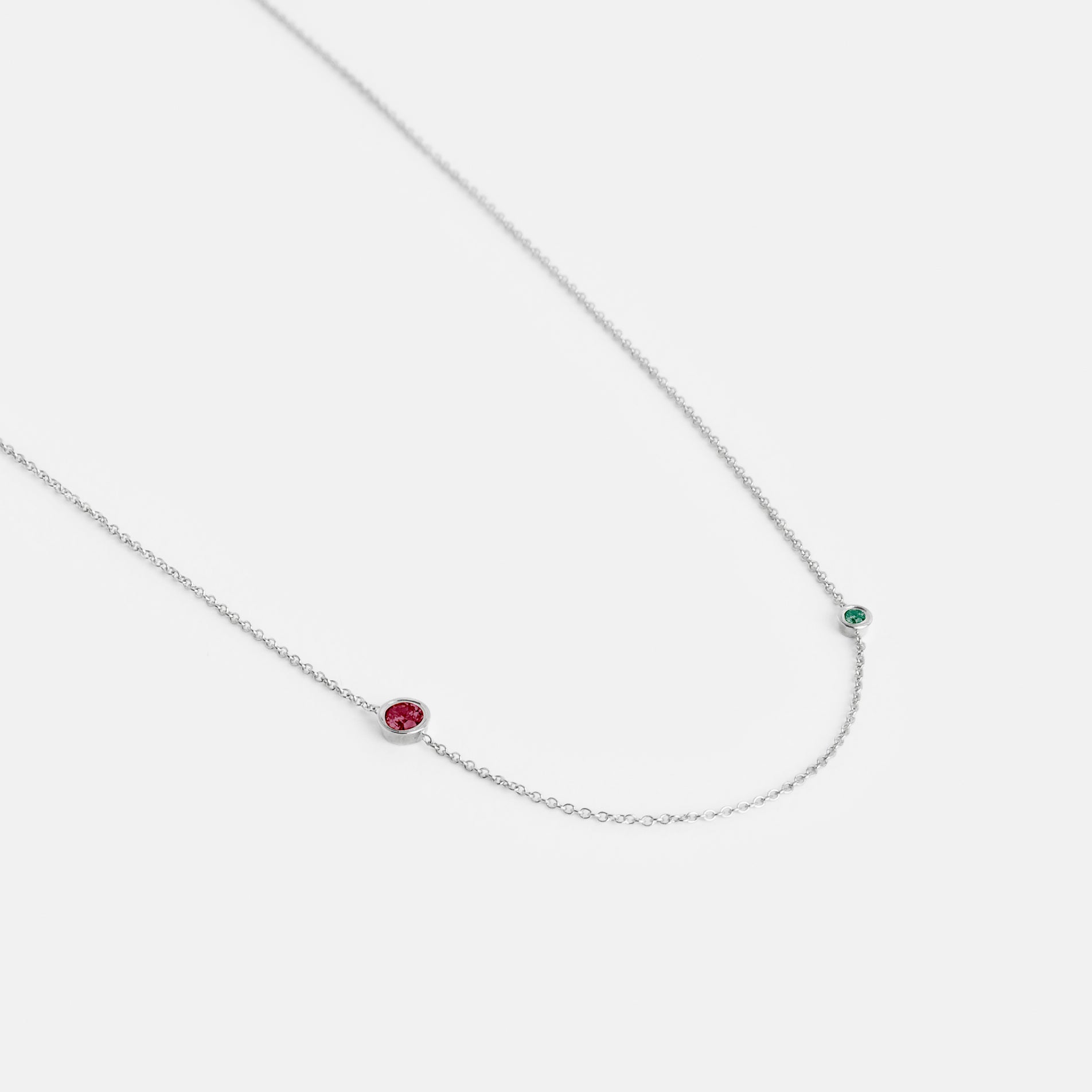 Iba Minimalist Necklace in 14k White Gold set with Ruby and Emerald By SHW Fine Jewelry NYC