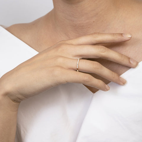 Contemporary Thin Womens Wedding Band for Stacking with Asymmetrical rows of natural white diamonds in 14k gold by SHW fine jewelry in NYC