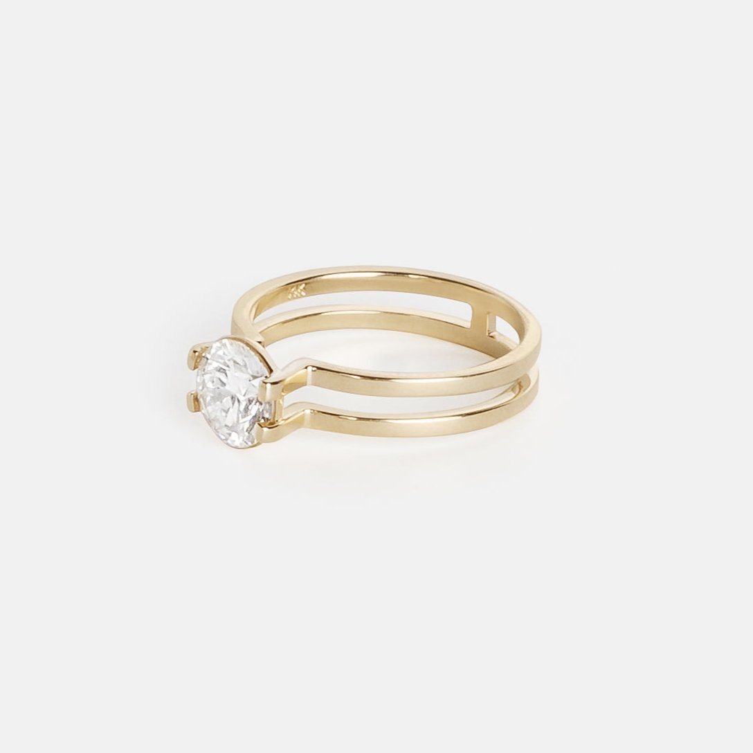 Modern Stackable Double Band Engagement Ring with 1 carat Round lab-grown diamond in 14k yellow gold by SHW fine jewelry store downtown NYC
