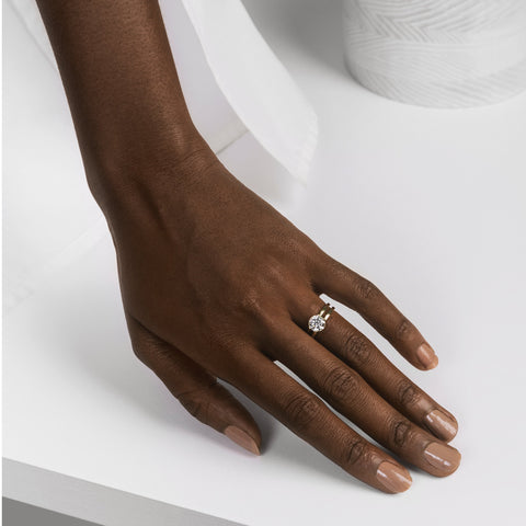 Cool Stackable Double Band Engagement Ring with 1 carat Round lab-grown diamond in 14k yellow gold by SHW fine jewelry store downtown NYC