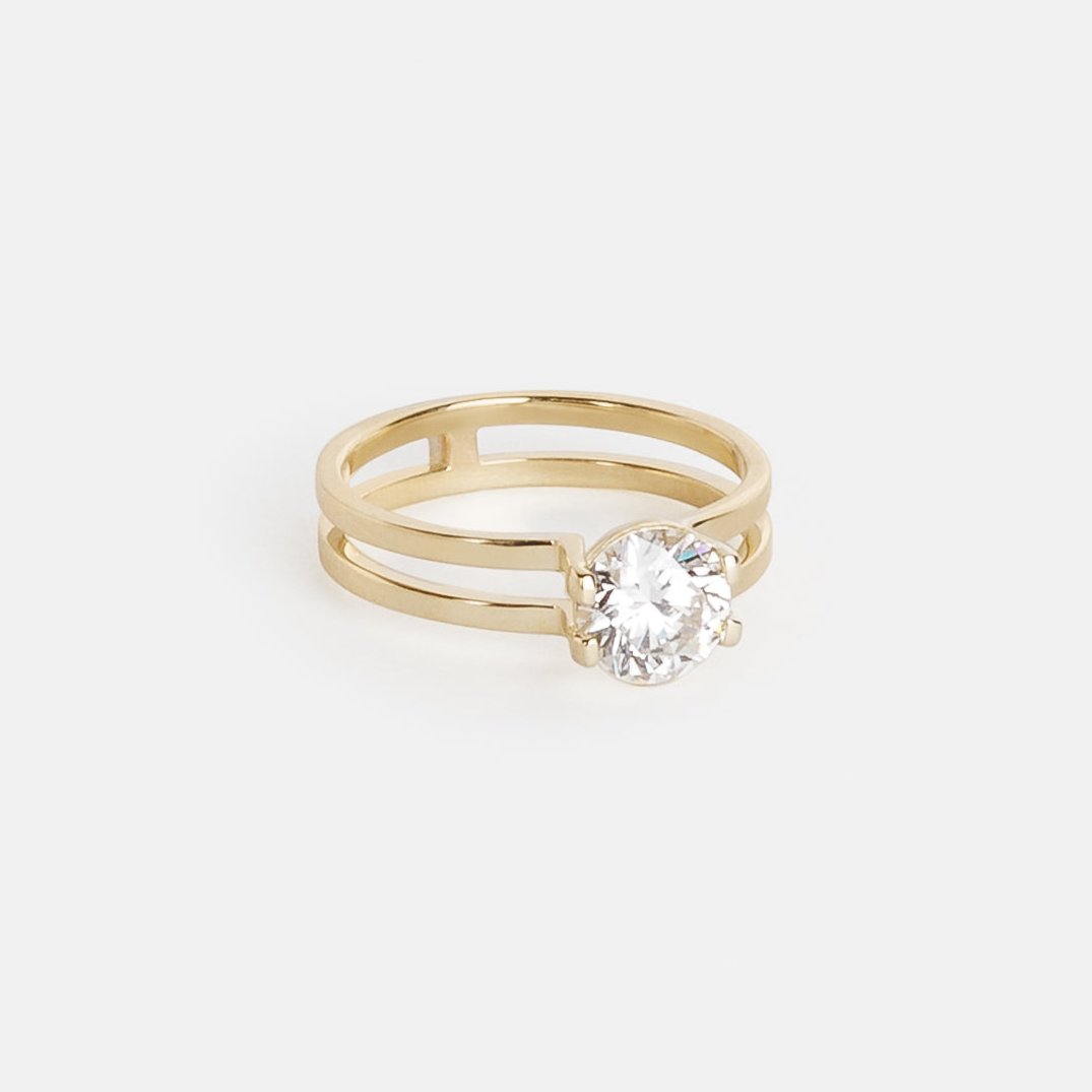 Unique Double Band Engagement Ring set with one carat IGI certified lab grown Round diamond in 14k yellow gold by SHW fine jewelry store in NYC