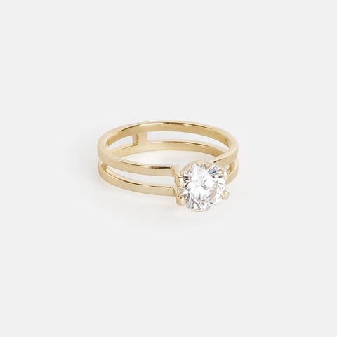 Unique Double Band Engagement Ring set with one carat IGI certified lab grown Round diamond in 14k yellow gold by SHW fine jewelry store in NYC