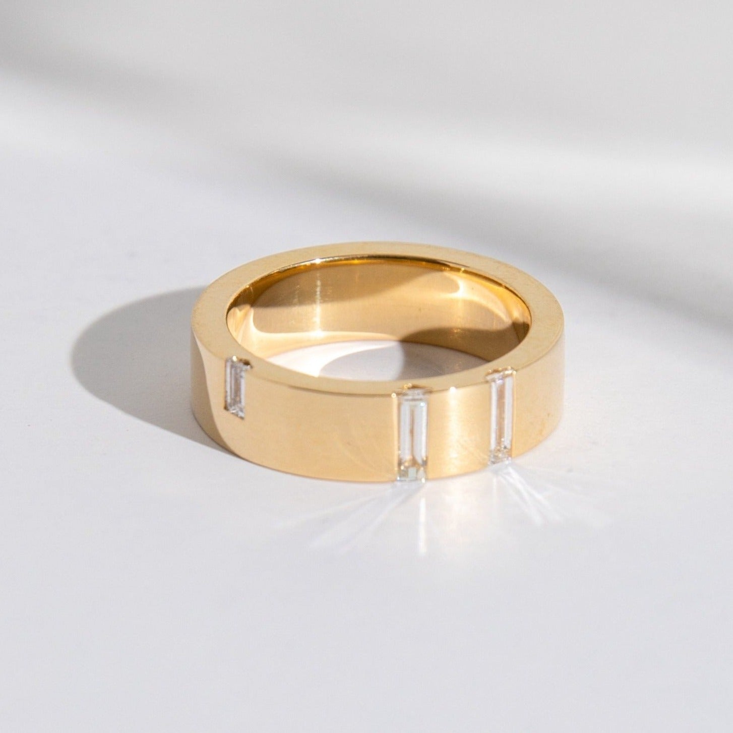 Unique Chunky Wedding Band for Men and Women with Baguette Cut Diamond in solid 14k yellow gold by SHW best fine jewelry store in NYC