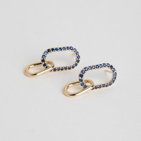 Sapphire stud earrings with dangling drop design in solid yellow white or rose gold SHW fine jewelry handmade NYC Manhattan