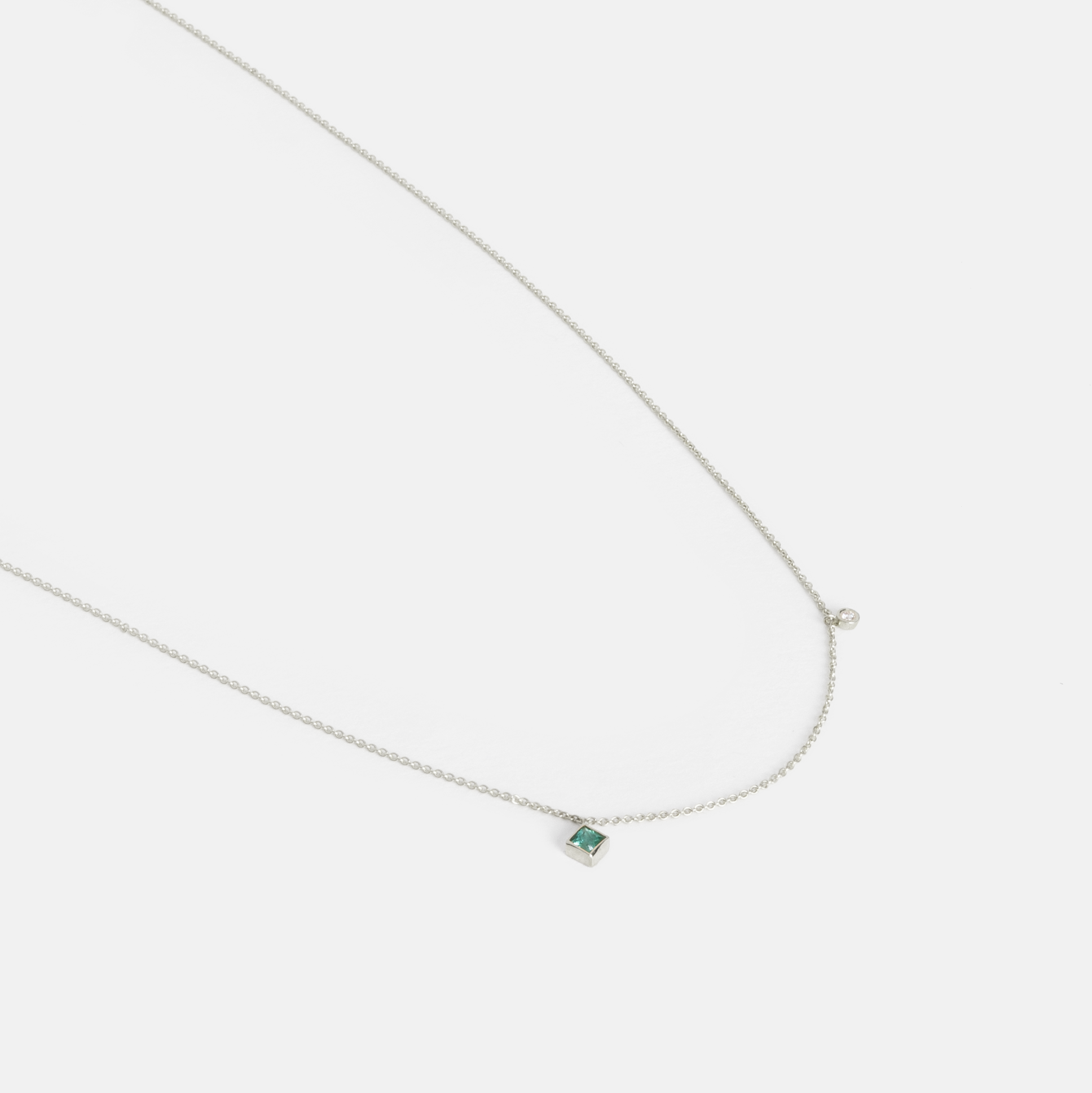 Ibi Thin Necklace in 14k White Gold set with Emerald and White Diamond By SHW Fine Jewelry NYC