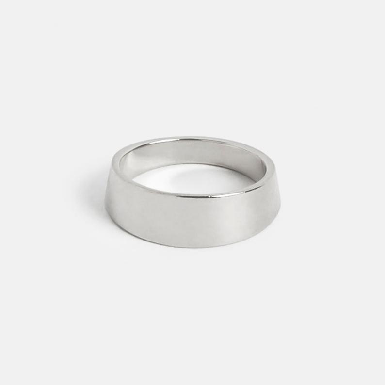 Designer 6mm wide unisex wedding band with tapered profile in 14k, 18k gold or platinum and customizable engravings by SHW jewelry NYC