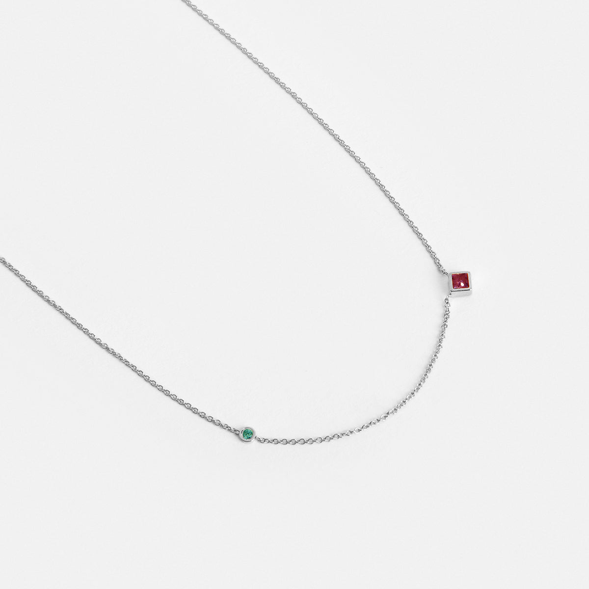 Isu Unique Necklace in 14k White Gold set with Emerald and Ruby By SHW Fine Jewelry NYC