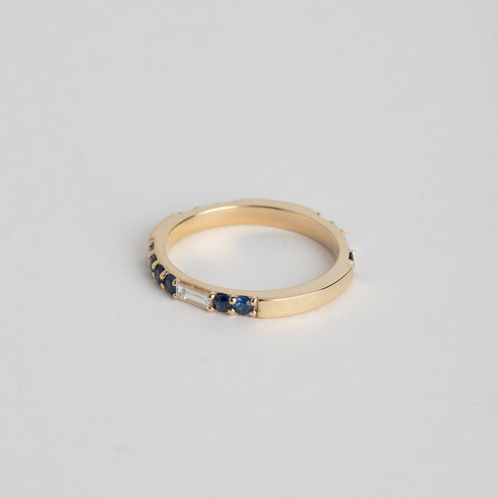 Unique Lesu Ring with 14 karat yellow gold set with sapphires and diamonds made in NYC by SHW fine Jewelry