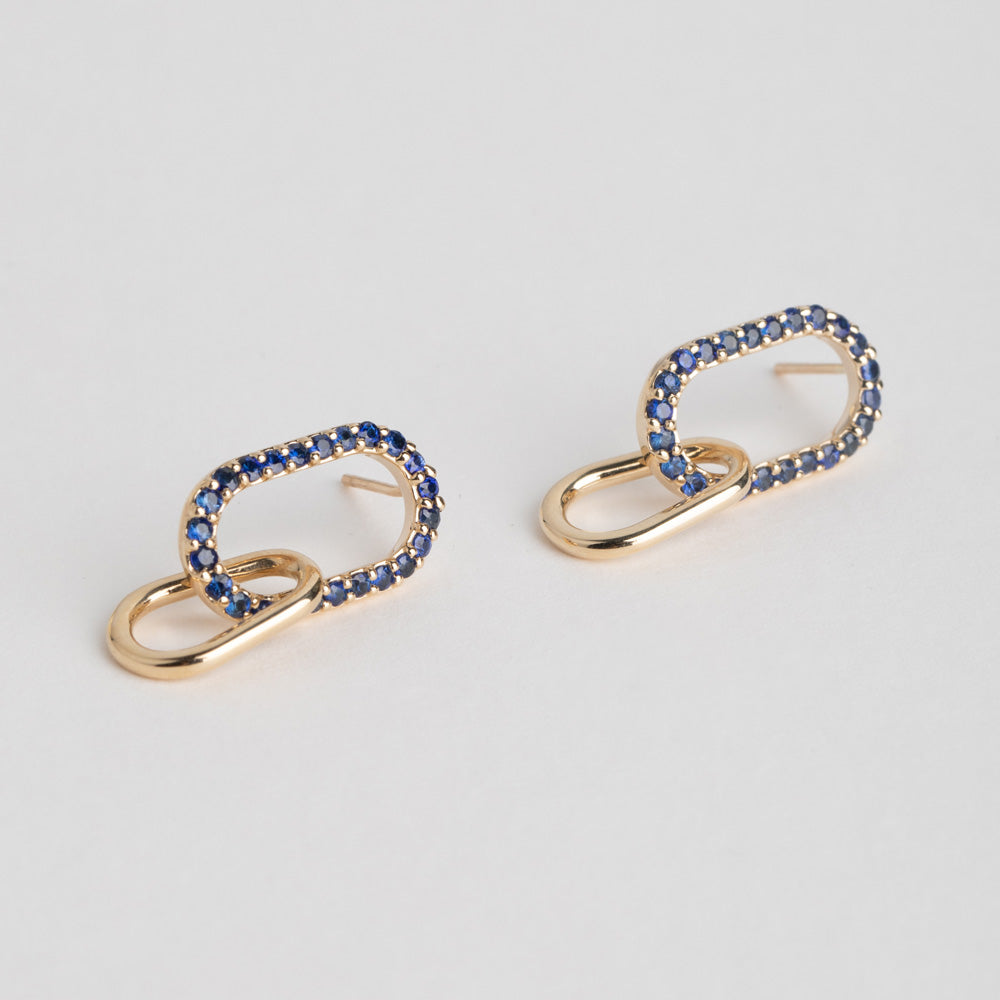 Unique Naki Earrings in 14 karat yellow gold set with sustainable sapphires and diamonds made in NYC by SHW fine Jewelry