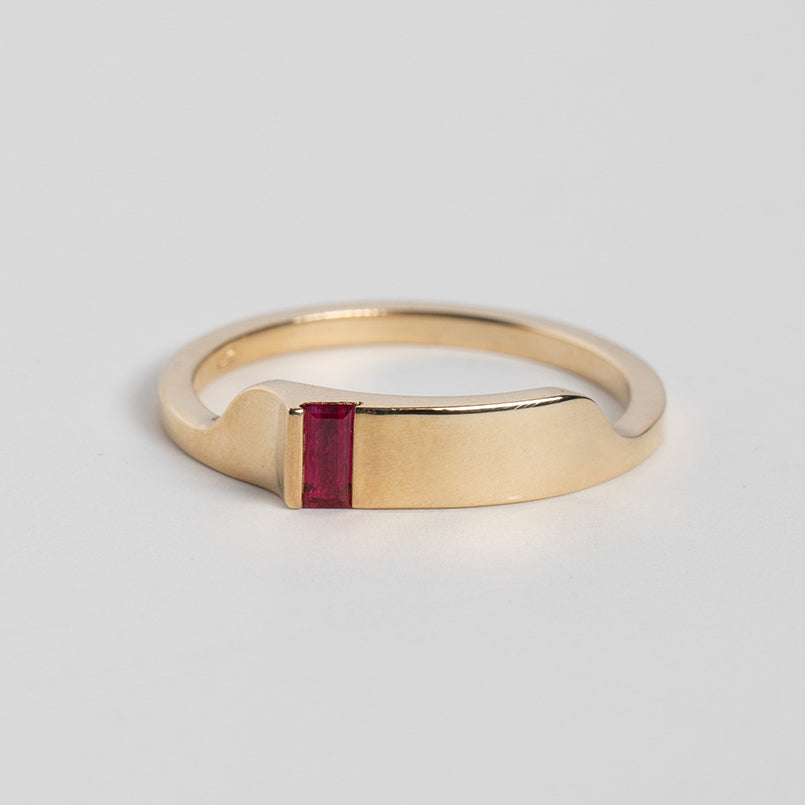 Delicate Tylu Ring with precious ethical ruby gemstone set in 14 karat yellow gold made in New York City by SHW Fine Jewelry