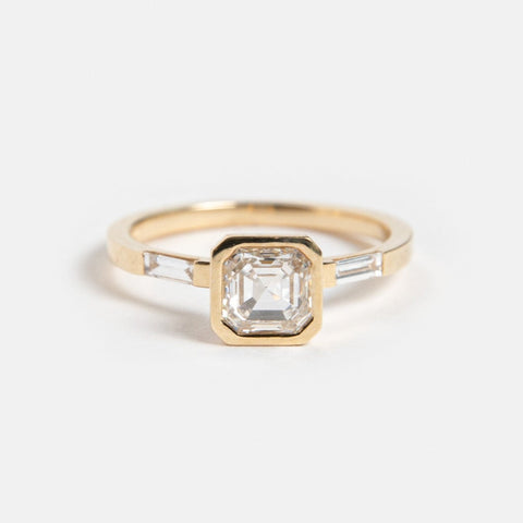 Aida Designer Ring in 14k Gold set with a square cut lab-grown diamond and two baguette cute lab-grown diamonds By SHW Fine Jewelry NYC