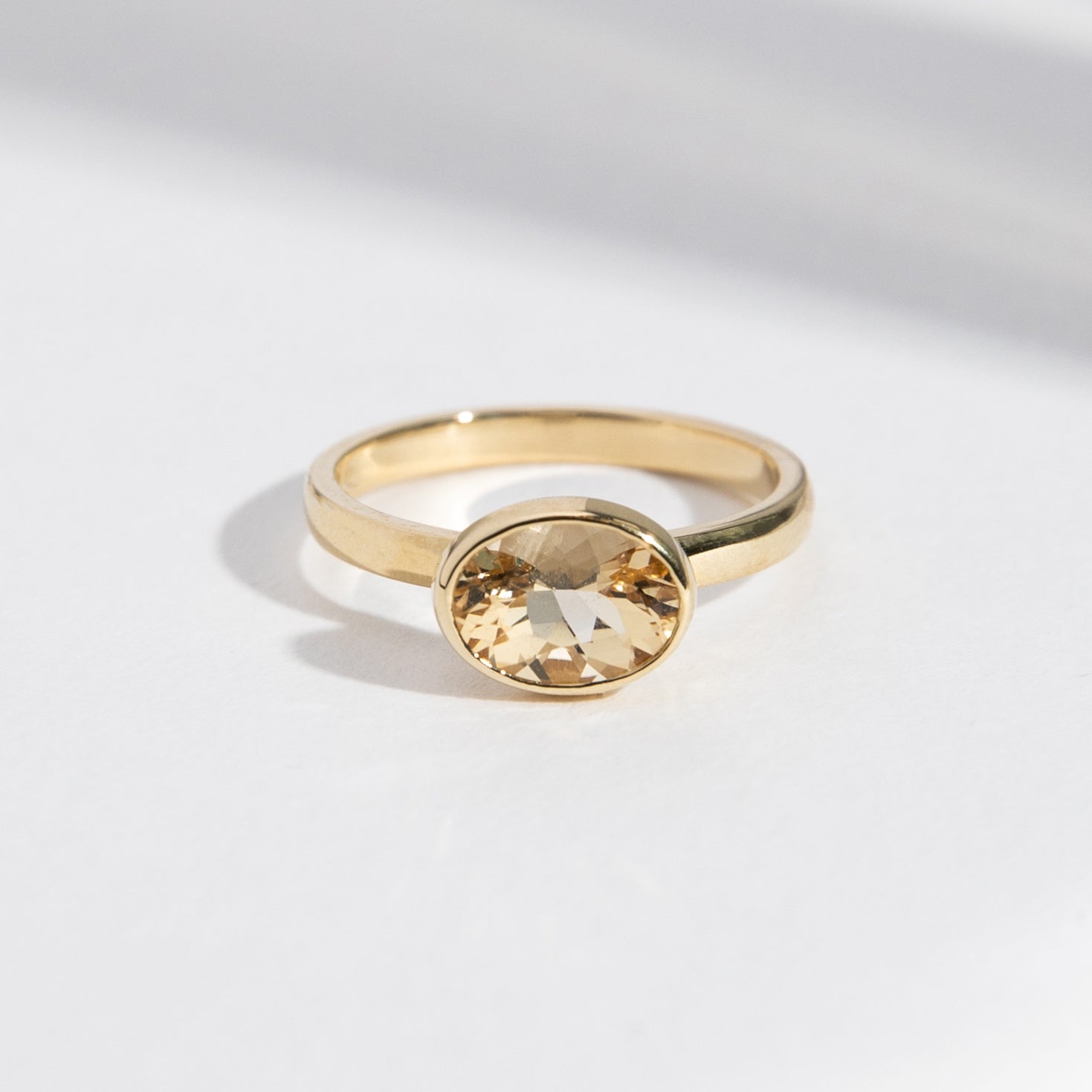 Syd Unusual Ring in 14k Gold set with a 1ct oval cut heliodor By SHW Fine Jewelry NYC