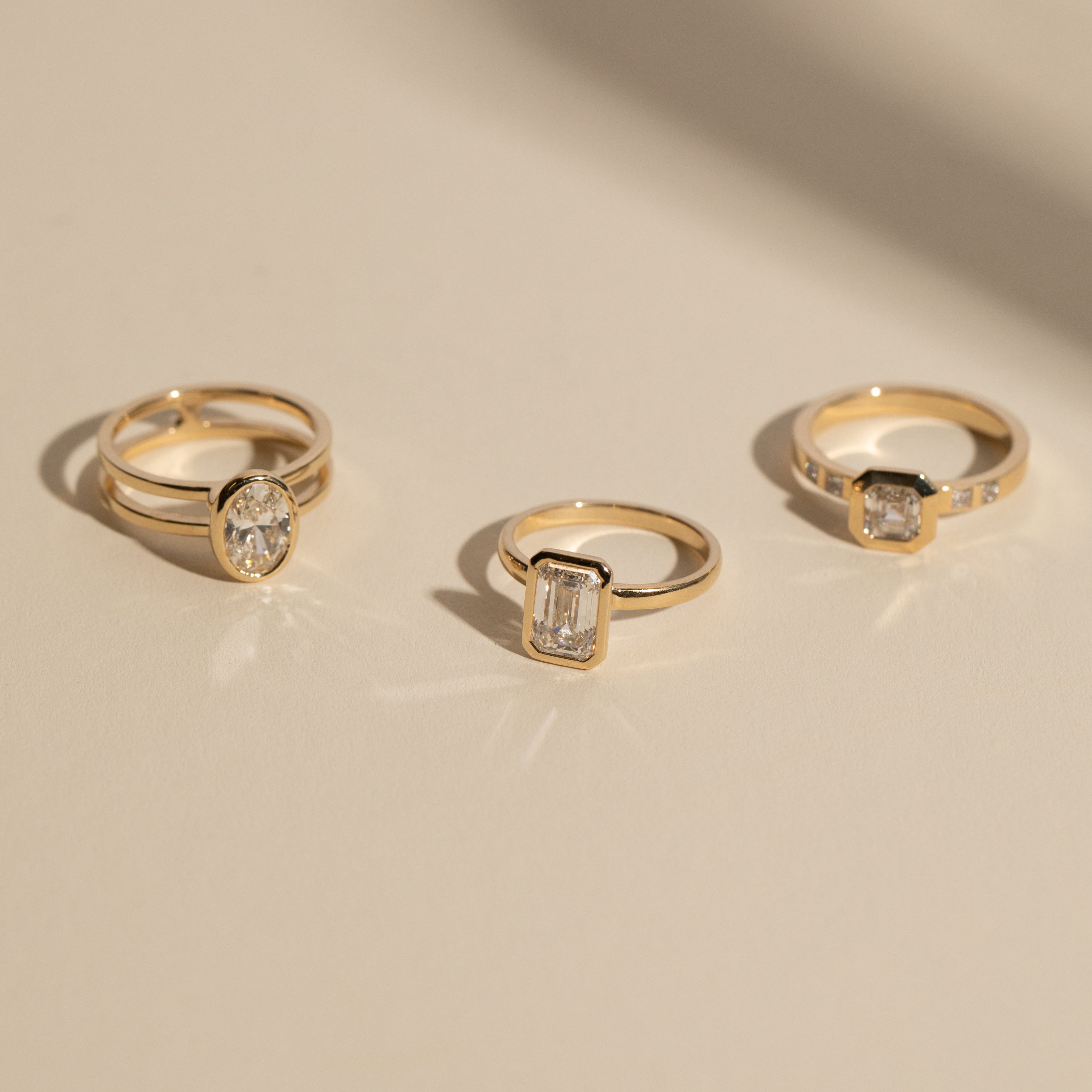 Minimalist Domed Band Engagement Ring with 1.50ct lab-grown emerald cut diamond in 14 karat yellow gold by SHW fine jewelry store in NYC NJ