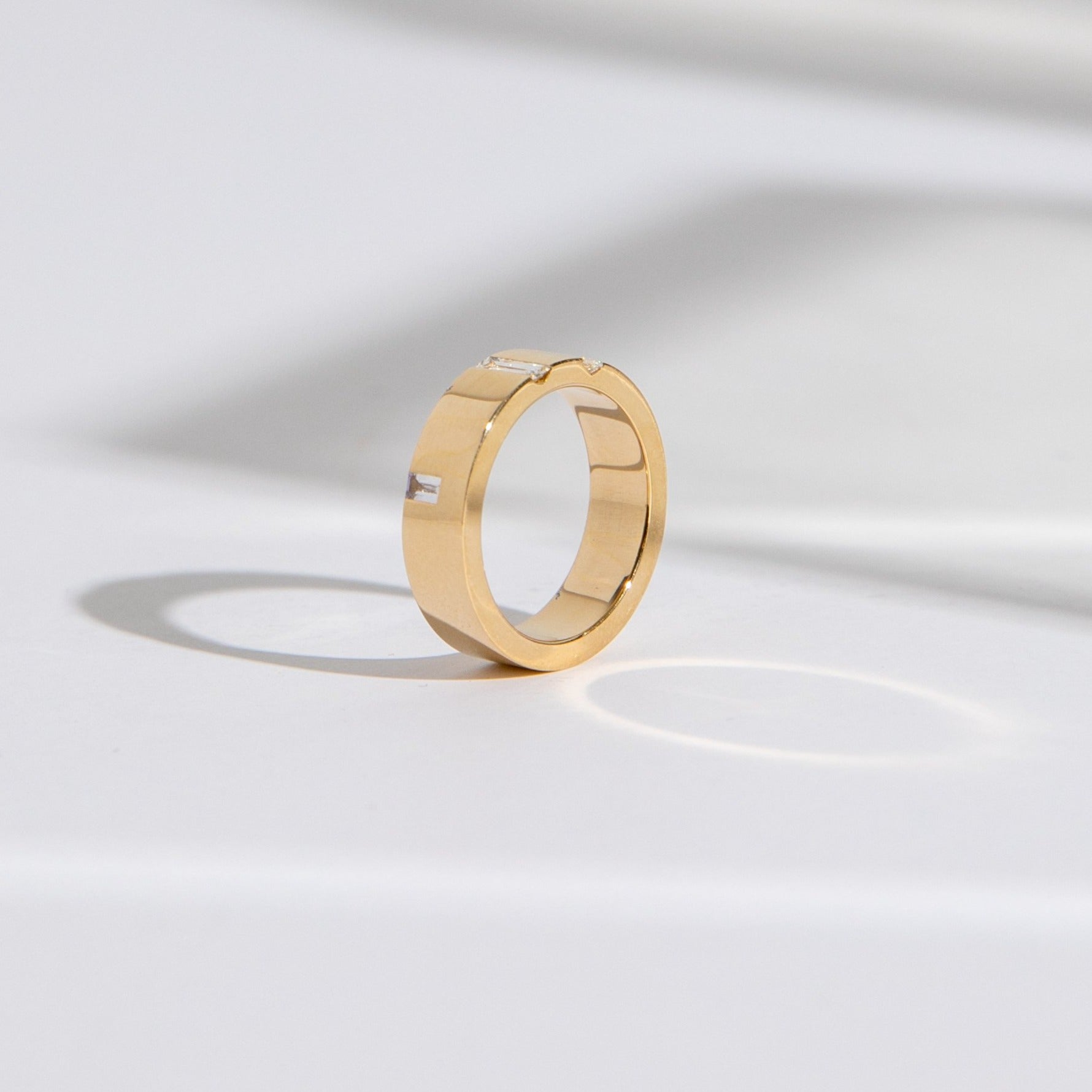 Minimal Wide Unisex Wedding Band with Baguette Cut Diamonds in solid 14k yellow, white, rose gold by SHW cool fine jewelry store in NYC