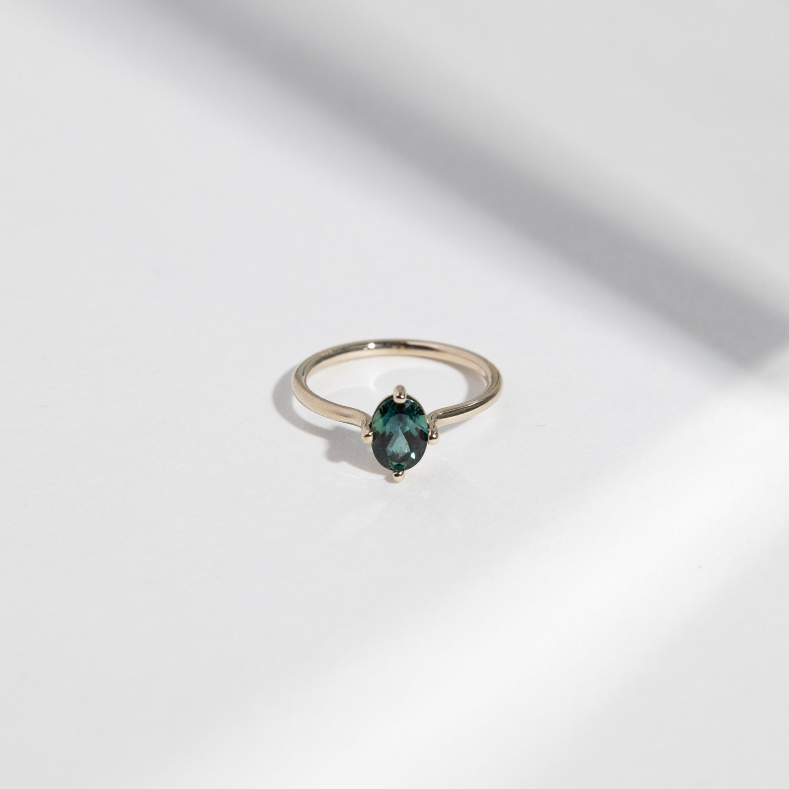 Veli Thin Ring in 14k White Gold set with a 1ct green oval cut sapphire By SHW Fine Jewelry New York City