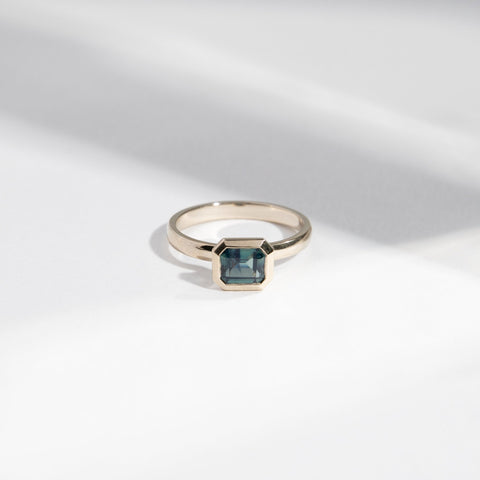 Vilke Stacked Ring in 14k White Gold set with a 0.91ct emerald cut teal sapphire By SHW Fine Jewelry NYC